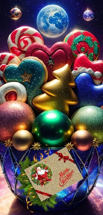 Colorful festive ornaments with cosmic background in holiday theme.