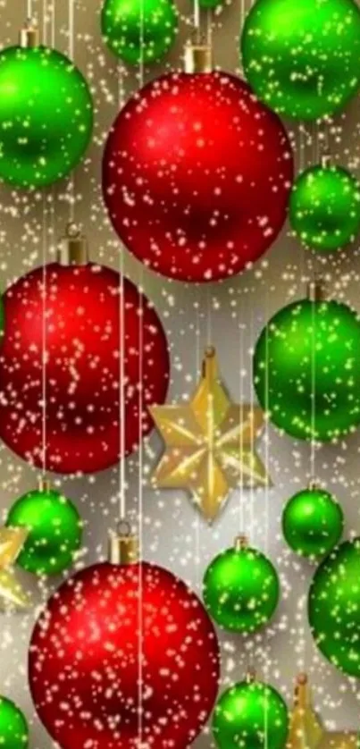 Festive wallpaper with red and green ornaments and golden stars.