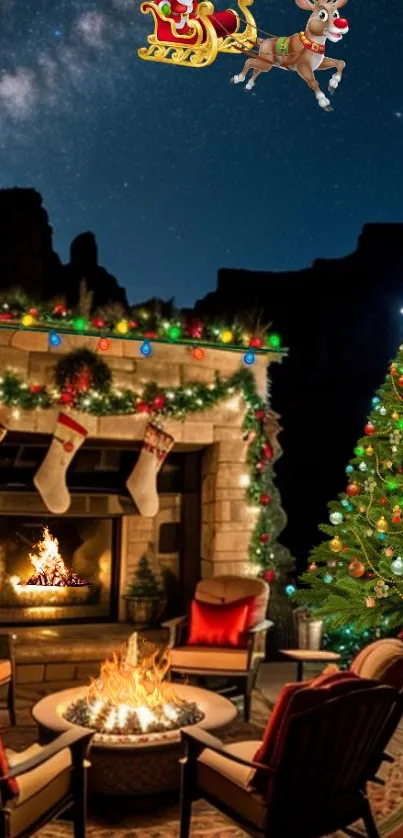 Festive patio with Christmas decor and lit fire.