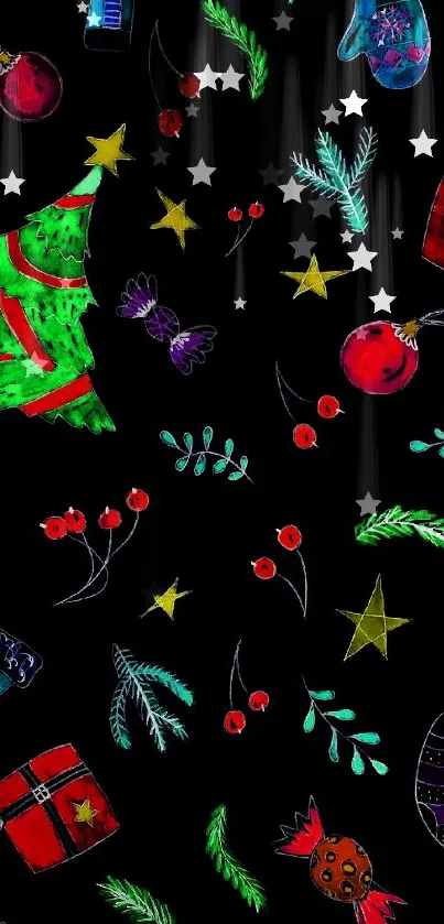 Festive holiday wallpaper with Christmas elements on a black background.