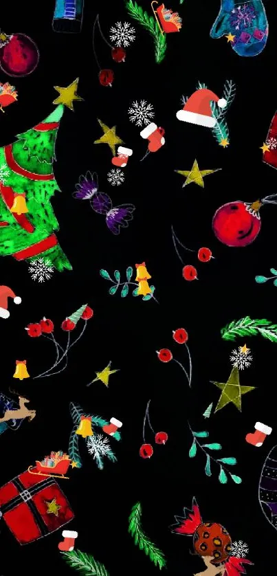 Festive holiday pattern with Christmas elements on a black background.