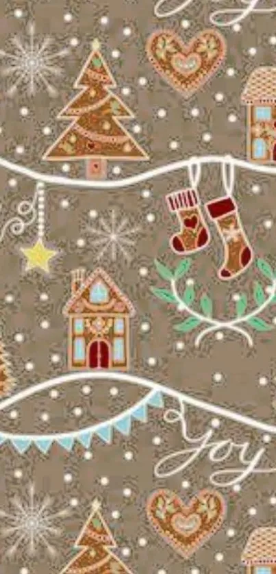 Festive Christmas pattern wallpaper with trees, stockings, and snowflakes.