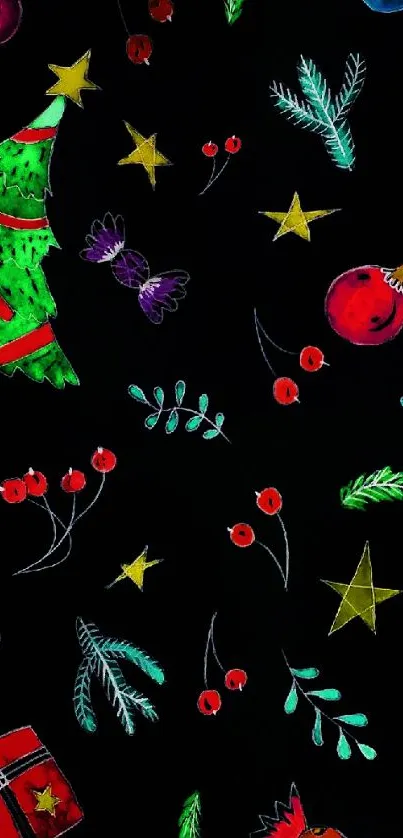 Festive mobile wallpaper with colorful Christmas elements on a black background.