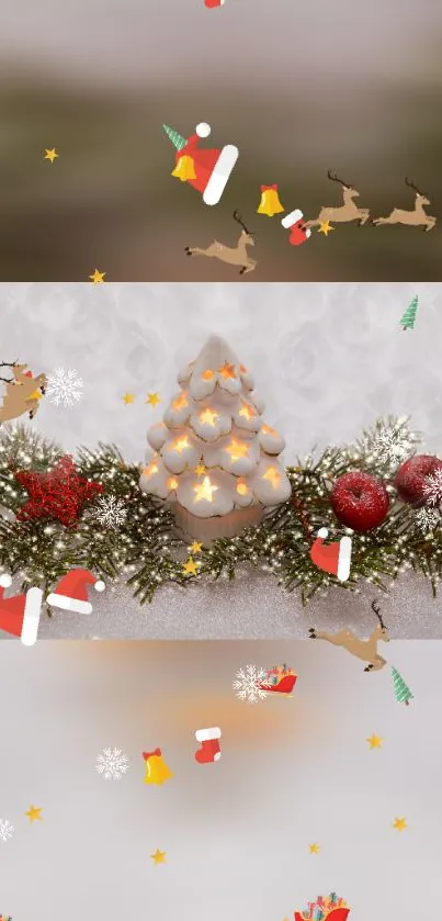 Festive holiday wallpaper with Christmas tree and seasonal decorations.