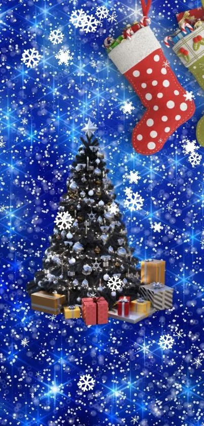 Christmas tree with gifts on a festive blue background with snowflakes.