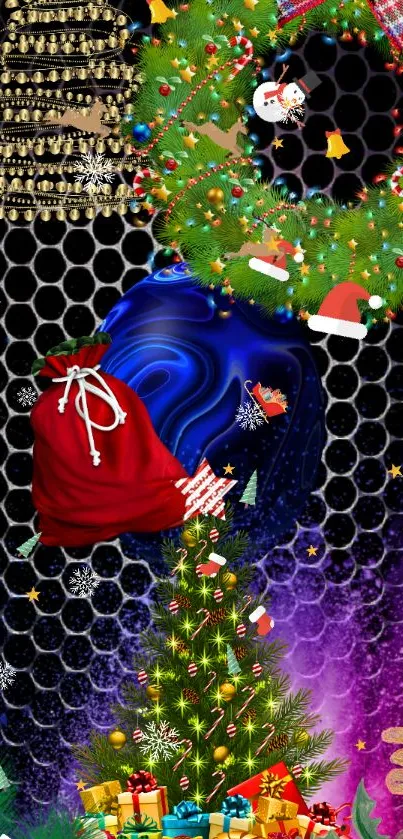 Festive holiday wallpaper with Christmas tree and blue background.