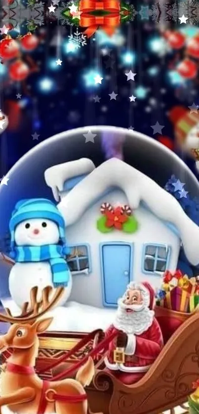 Festive holiday wallpaper with Santa and snowman in a snow globe.