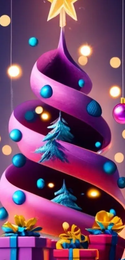 Whimsical festive tree with colorful ornaments and gifts.