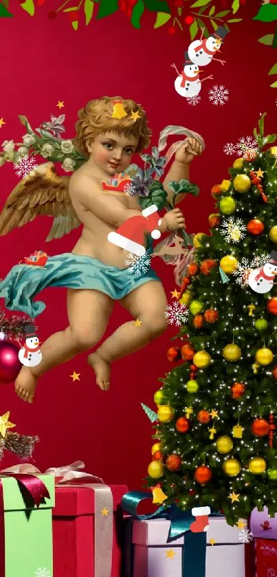 Festive Christmas scene with tree, gifts, and angel for mobile wallpaper.