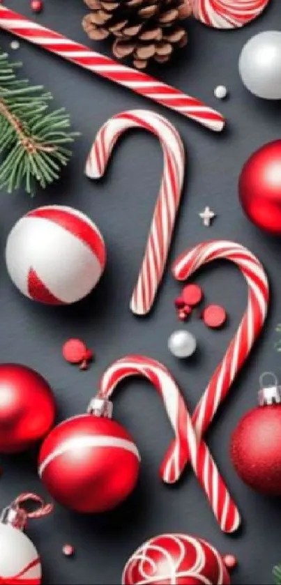 Festive phone wallpaper with candy canes and Christmas ornaments.