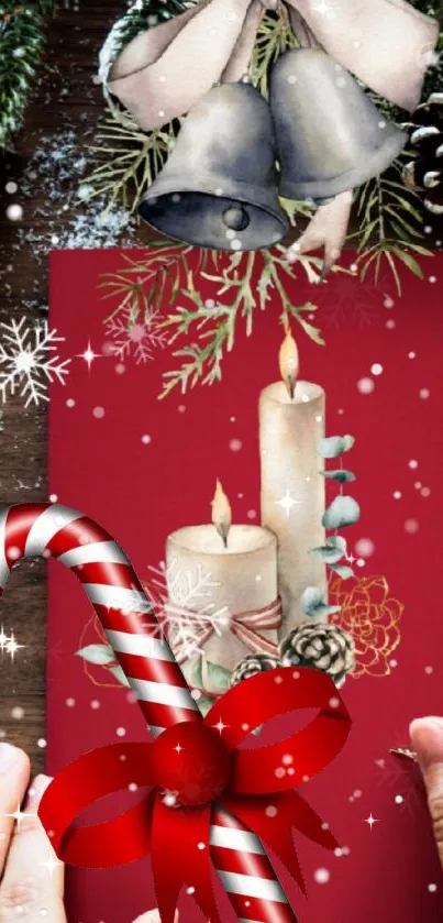 Festive holiday phone wallpaper with candles, candy cane, and Christmas decor.