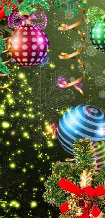 Festive Christmas phone wallpaper with colorful ornaments and decorative lights.