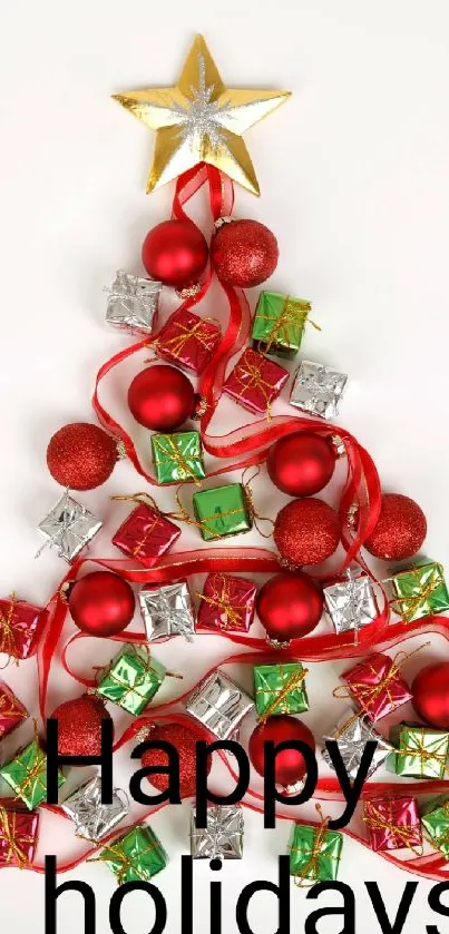 Creative Christmas tree phone wallpaper with gifts and baubles.