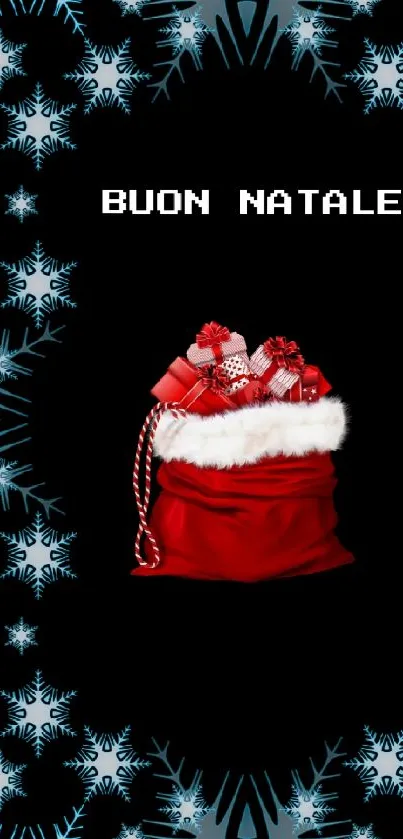 Red Santa sack with gifts on a black background with snowflakes.