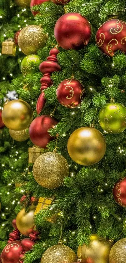 Vibrant Christmas ornaments on a green tree wallpaper.