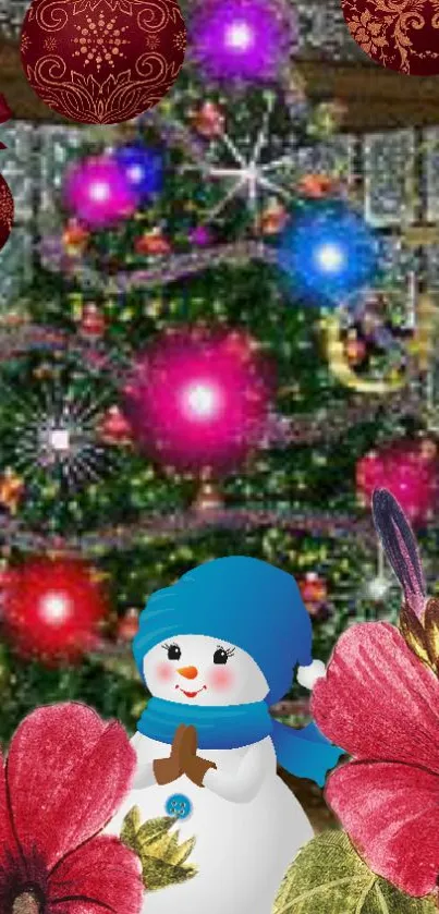 Snowman with Christmas tree background and ornaments in vibrant colors.