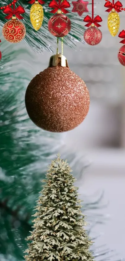 Festive mobile wallpaper with a Christmas tree and ornament.