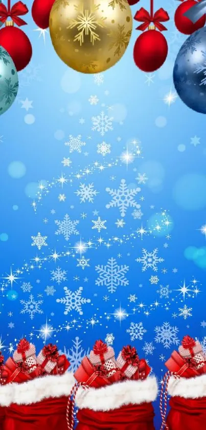 Festive Christmas mobile wallpaper with ornaments and snowflakes.