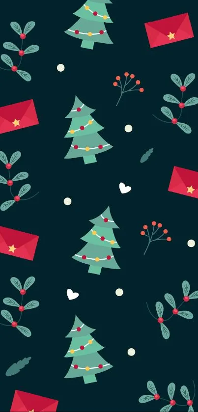 Holiday wallpaper with Christmas trees and red envelopes on a dark green background.