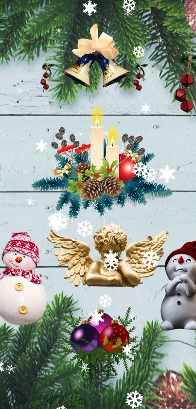 Holiday wallpaper with snowmen, candles, and festive decor on a rustic background.