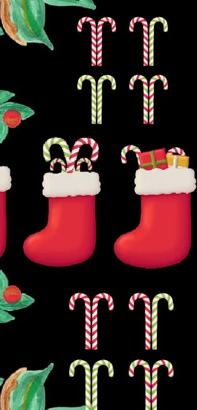 Festive mobile wallpaper with Christmas stockings and candy canes on a black background.