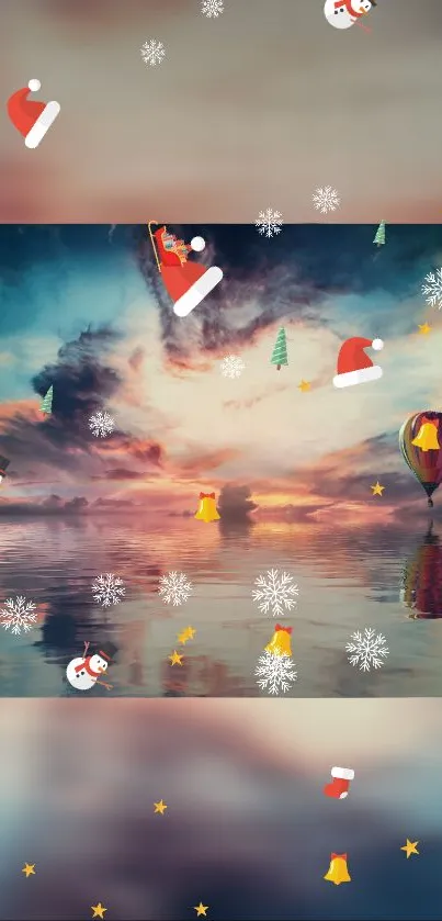 Festive holiday wallpaper with ocean, Santa hats, and hot air balloon.