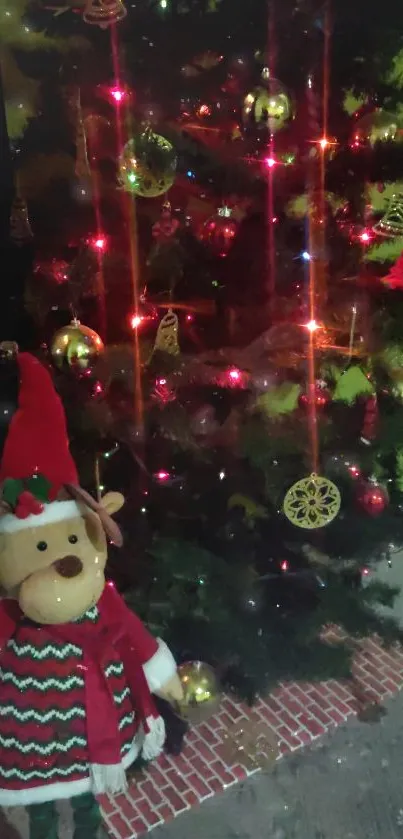 Decorated Christmas tree with a cute reindeer next to it, festive lights aglow.