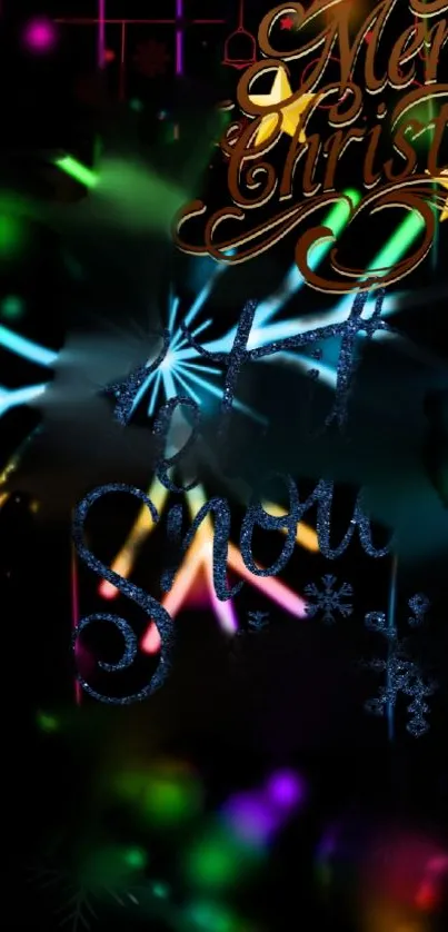 Festive phone wallpaper with merry Christmas and colorful lights.