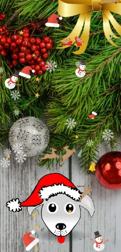 Christmas-themed wallpaper with pine, ornaments, and cartoon dog wearing Santa hat.