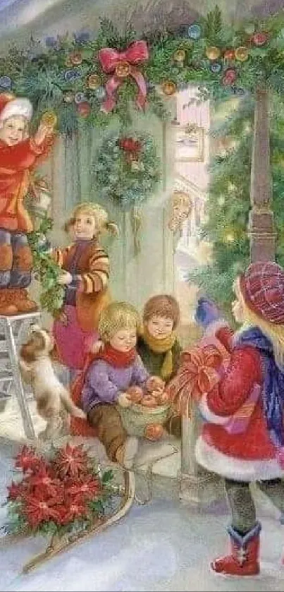 Children decorating a festive Christmas porch with garlands.