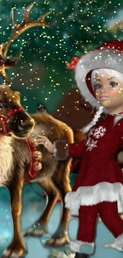 Festive child with reindeer in snowy holiday scene.