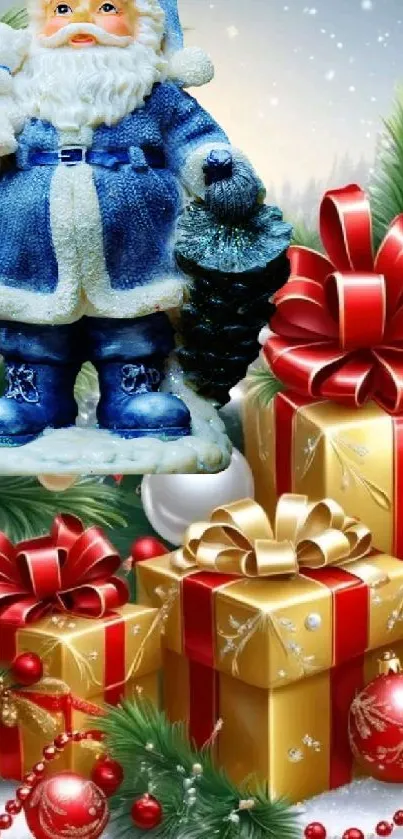 Festive Christmas wallpaper with Santa, gifts, and decorations.