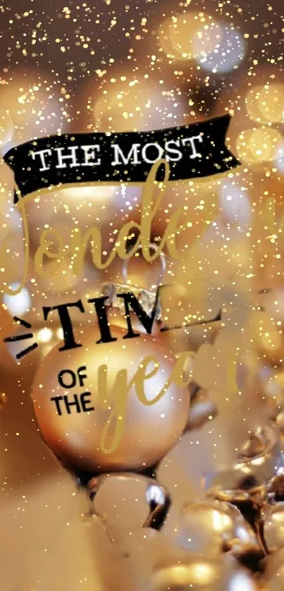 Festive gold ornament wallpaper with bokeh and holiday text.