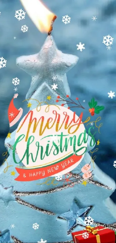 Cheerful Christmas tree wallpaper with festive decorations and snowflakes.