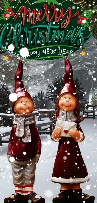 Festive winter scene with Christmas decor and snowy park landscape.