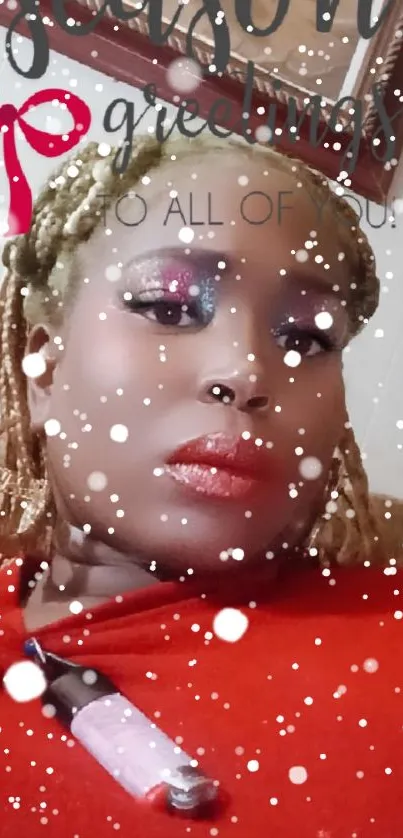 Festive wallpaper featuring a person with sparkling makeup and red holiday attire.