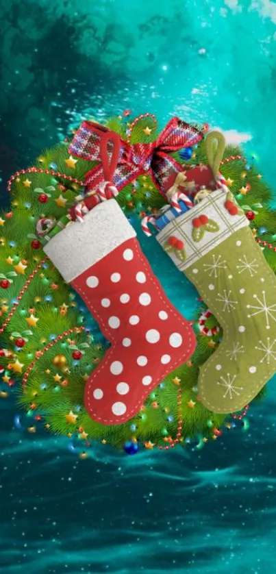 Colorful Christmas stockings on a festive wreath background.