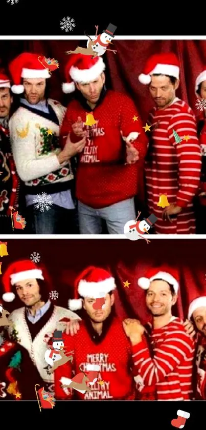 Group in Christmas sweaters and Santa hats posing together.