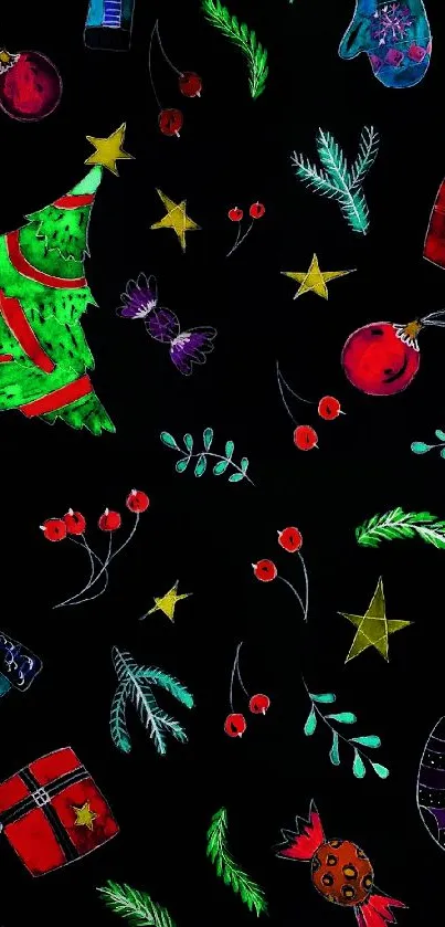 Festive holiday wallpaper with Christmas trees and gifts on black background.