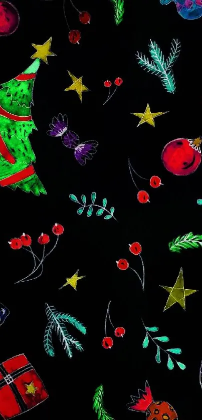 Colorful festive holiday wallpaper with Christmas symbols on black background.