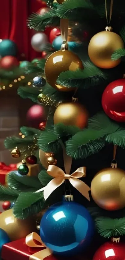 Festive Christmas tree with colorful decorations and gifts.