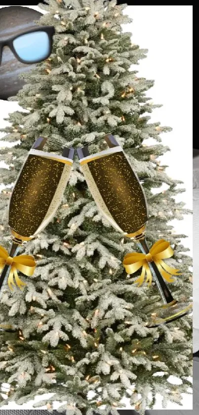 Christmas tree with sunglasses and champagne decor on wallpaper.