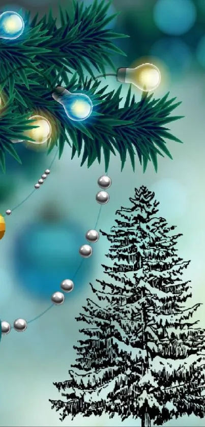 Festive wallpaper with Christmas tree and ornaments in blue hues.