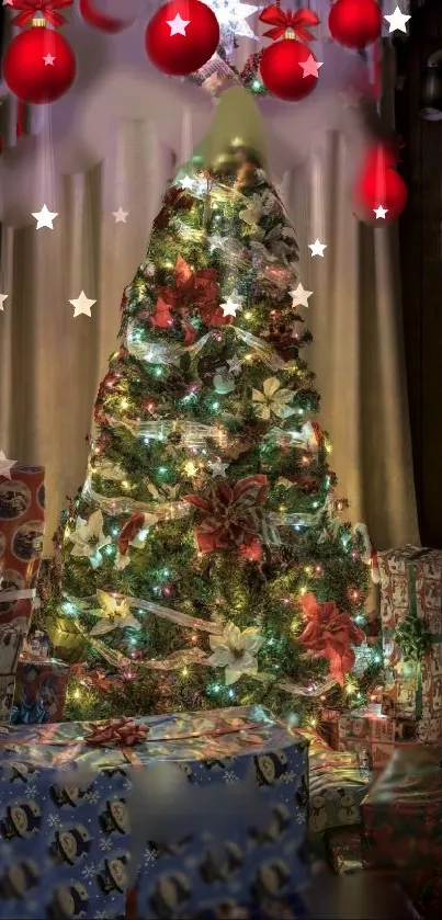 A festive Christmas tree surrounded by gifts, adorned with lights and red ornaments.