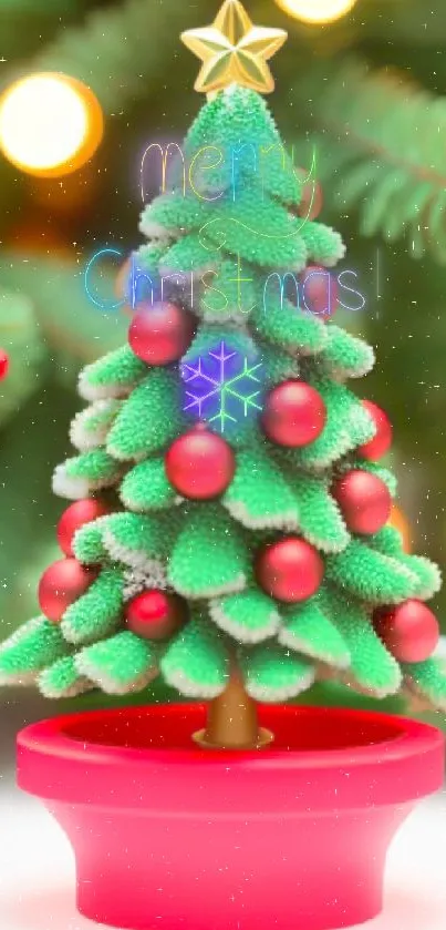 Christmas tree with red ornaments in bright festive wallpaper.