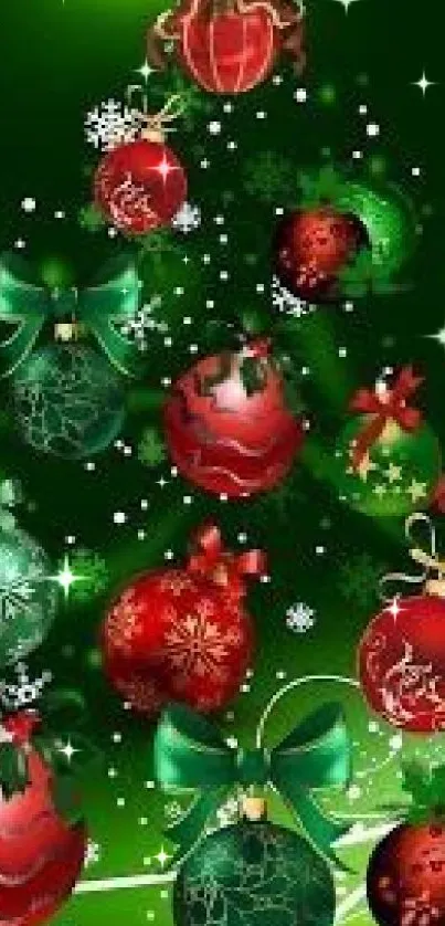 Festive Christmas tree wallpaper with colorful baubles and snowflakes.