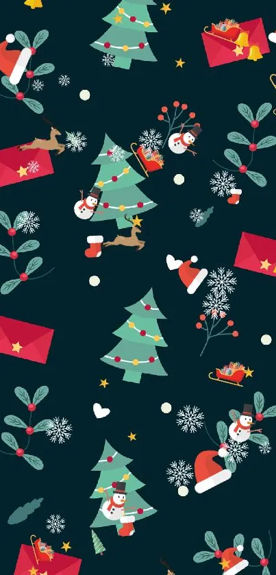 Festive wallpaper with Christmas trees and red envelopes on dark teal background.