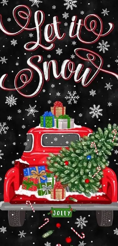 Red truck with gifts and tree in snow on a festive wallpaper.