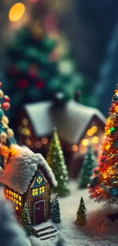 Snow-covered village with colorful Christmas trees and festive lights.