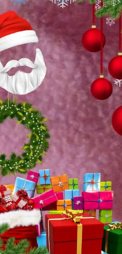 Festive Christmas wallpaper with Santa, gifts, and ornaments on a red background.